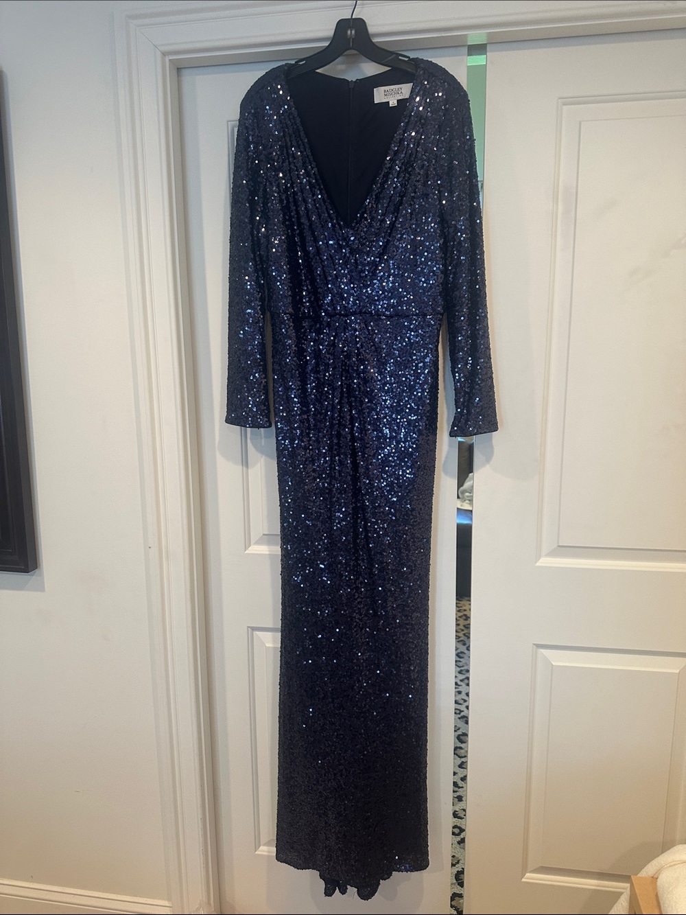 Badgley Mischka Navy Sequin V-Neck Long-Sleeve Gown